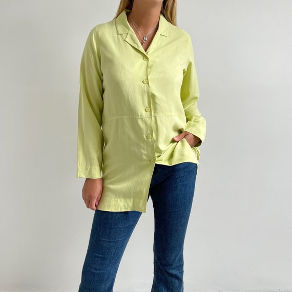 90s Vintage Lime Green Blouse | Long Bright Summer Shirt | Medium
