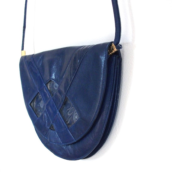 Vintage Andrea Carrano Blue Leather Bag, PVC Deta… - image 5