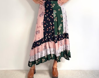 70’s Vintage Frilly Tiered Patchwork Long Skirt | Floral Prairie Cottagecore Asymmetrical Maxi Skirt | Small