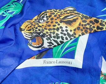 Vintage Huge Leopard Print Scarf | Leopard & Bamboo Blue