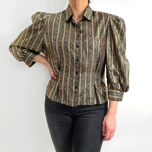 80&#39;s Vintage Black & Gold Fancy Blouse w Puffed Balloon | Ladies Metallic Party,  Evening Top | Medium