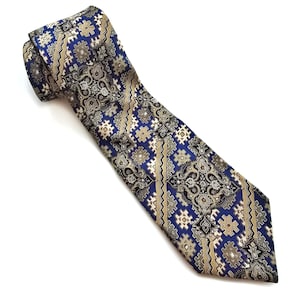 Vintage PIERRE CARDIN Geometric, Paisley Printed Silk Tie | Navy, Brown & Beige Neck Tie | Made in France
