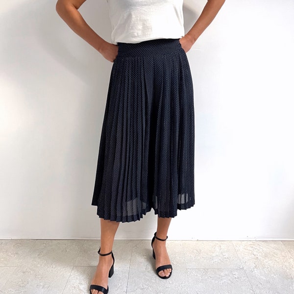 vintage - Jupe-culotte bleu marine et blanche à pois | Jupe pantalon midi plissée | Petit