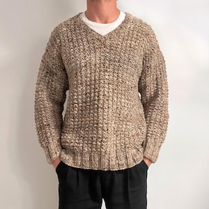 70s Vintage Pure Undyed Wool Unisex Jumper | Brown Bege Fisherman’s Winter Sweater | Médio