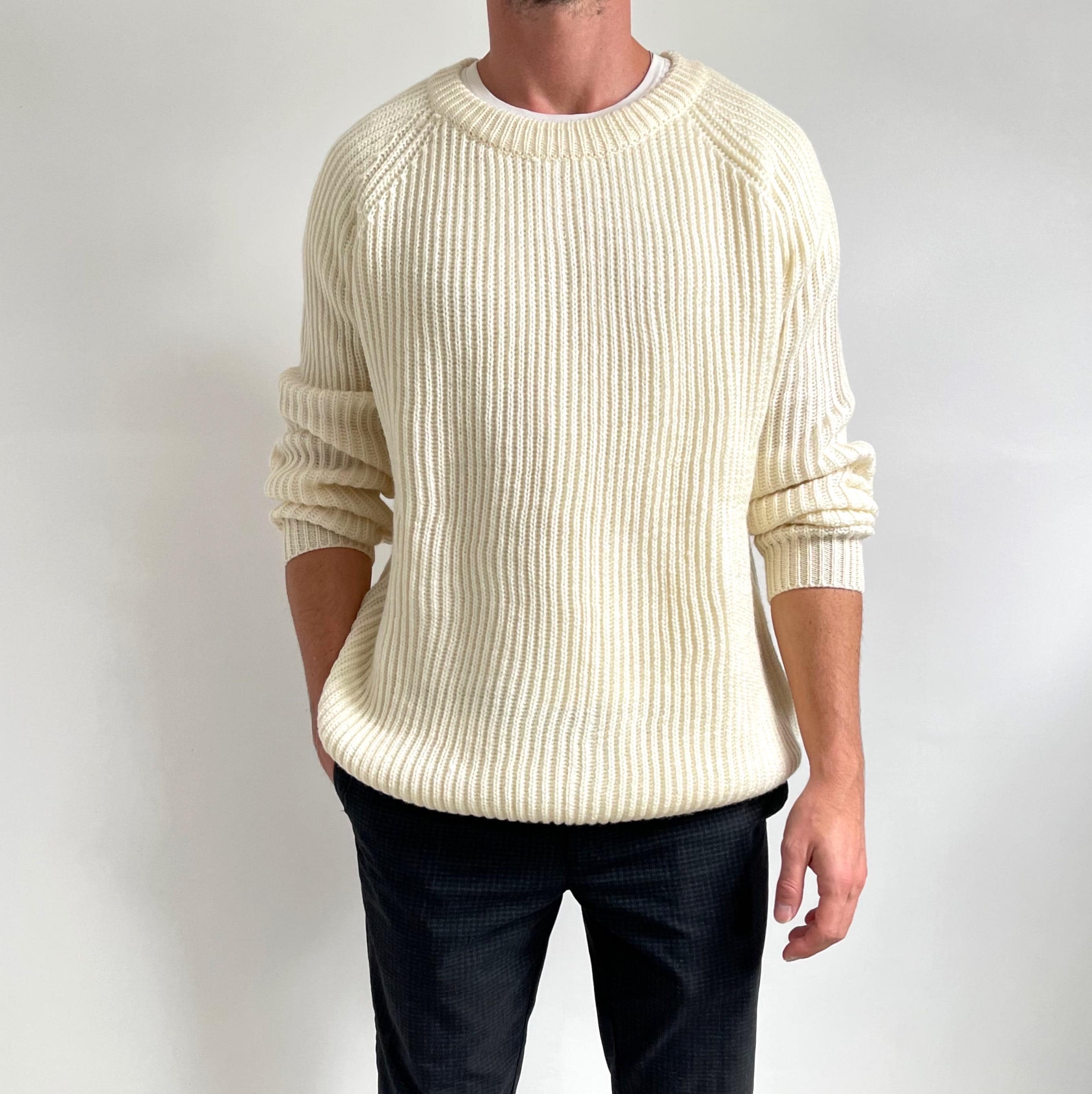 00s Vintage Men's Cream Wool Jumper | Simple Ribbed Knit