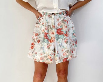 80's Vintage Floral Ladies Shorts | Peachy Flower Print Summer Denim Shorts | Small