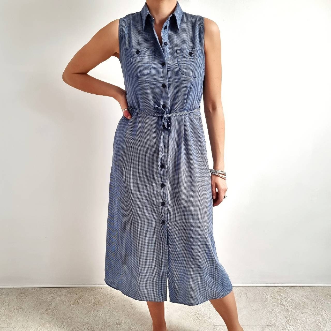St Michael Vintage Blue Check Button Through Shirt Dress // Sleeveless Midi  Summer Dress // Petite Medium - Etsy