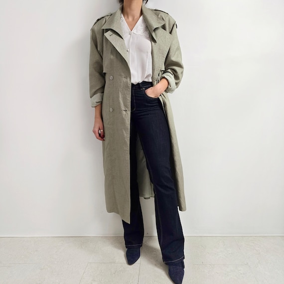 Vintage Sage Green Creased Trench Coat | Pastel Oversized Long