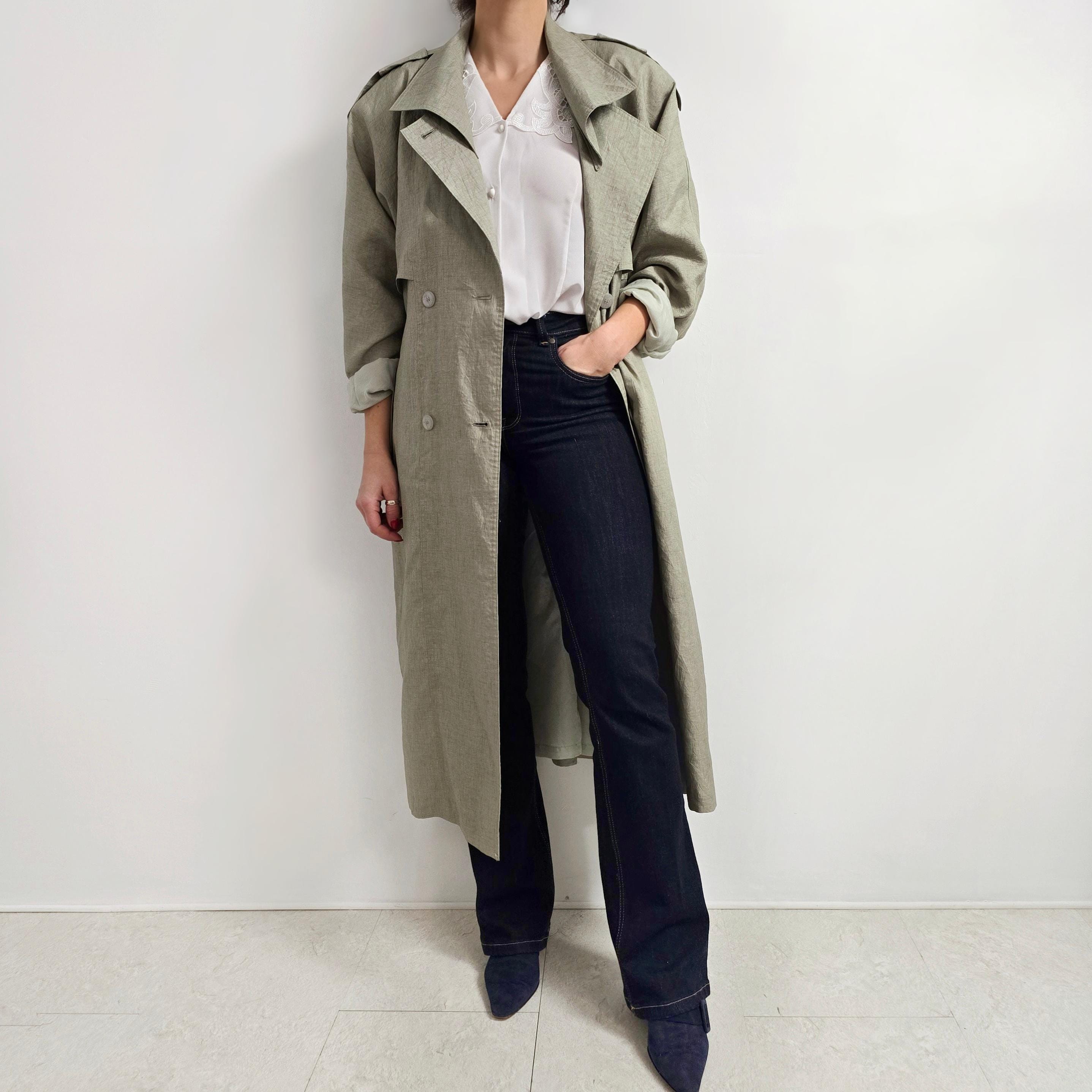 Vintage Sage Green Creased Trench Coat | Pastel Oversized Long