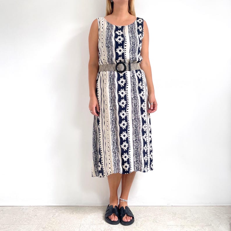 Karra Midi Dress in Navy and Cream Print