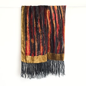 Vintage Burnout Velvet Scarf in Red, Gold & Black Stripes w Satin Fringes | Long Evening Velvet Scarf