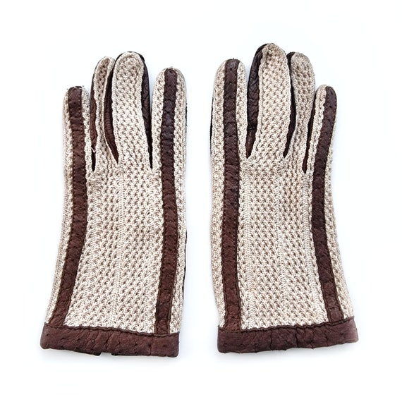 Vintage Cream Crochet & Brown Leather Gloves |  L… - image 2