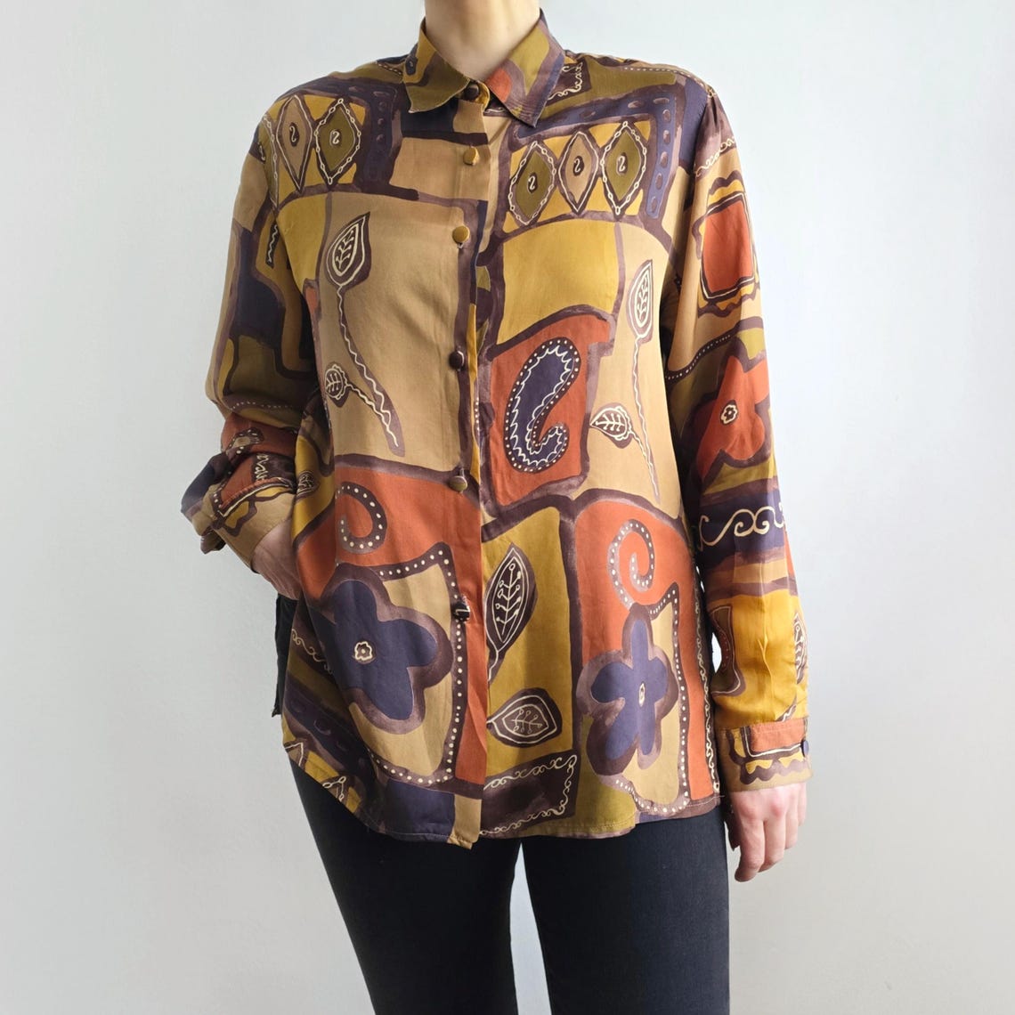Vintage Cupro Abstract Patchwork Blouse | Vegan Silk Paisley Floral Ladies Shirt | Medium, photo 2 of 5