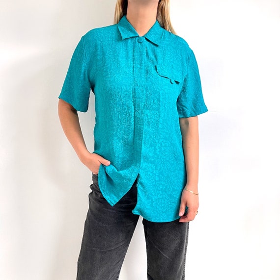 Vintage Turquoise Silk Blouse W Floral Texture | Short Sleeve Ladies Summer  Shirt | Small - Medium - Etsy Singapore