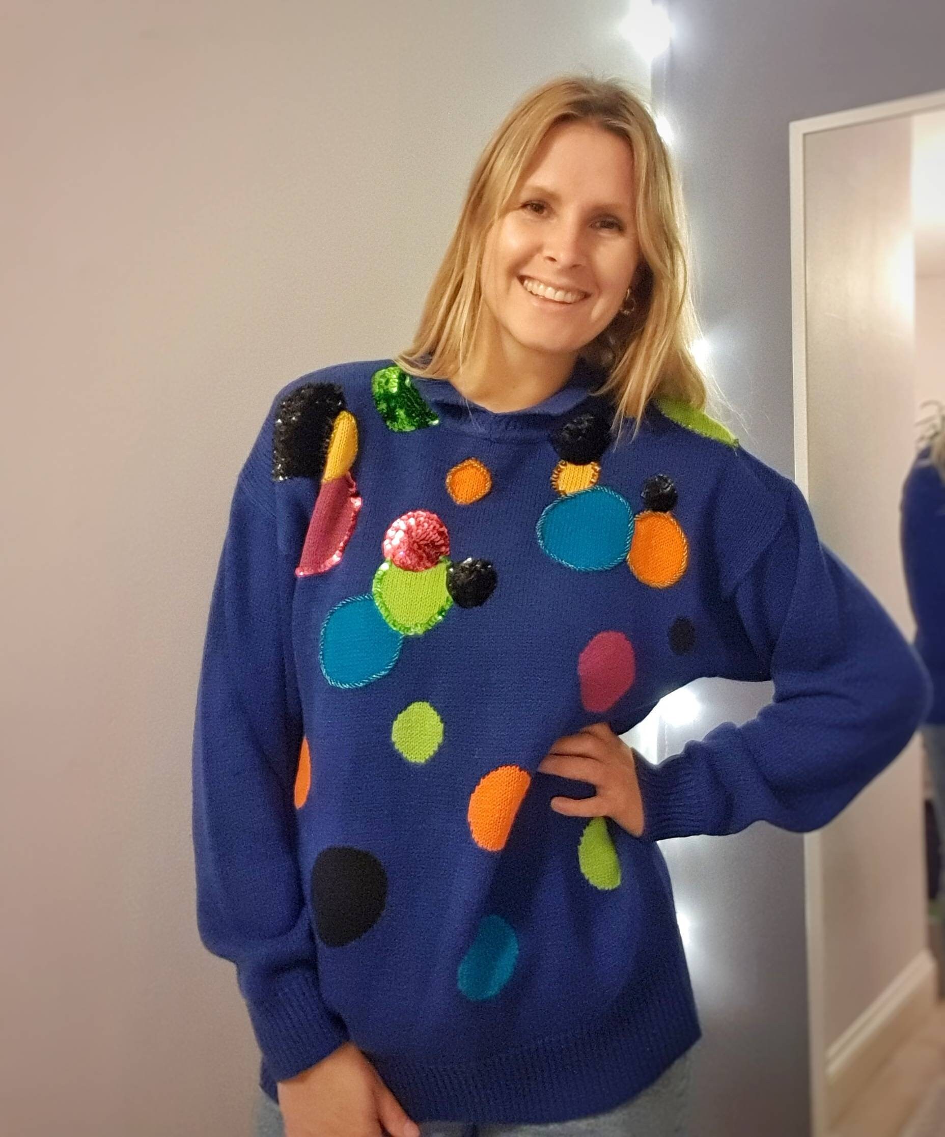 Vintage Blue Jumper w Bright Rainbow Spots Sequins Medium