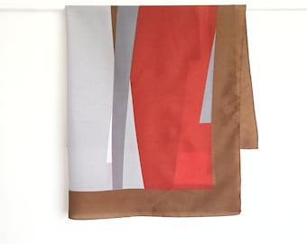 Vintage Modern Geometric Print Scarf Tan Brown, Blood Orange & Grey