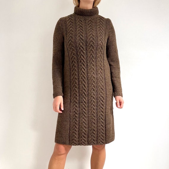 Vintage Handknit Brown Wool Jumper Dress | Textured Knit, Turtle Neck Winter Sweater Dress | Medium - Large