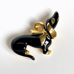 80's Vintage Black Dachshund Brooch Dog W A Bow Enamel Brooch