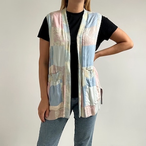 Vintage Marbled Pastel Patchwork Waistcoat // Arty Reversible Double Layer Gilet // Medium - Large