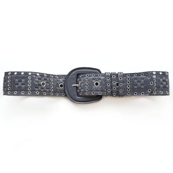 Vintage Black Leather w/gunmetal gray buckle belt Vintage Gunmetal Gray Leather Western Belt, Southwestern  main image 2