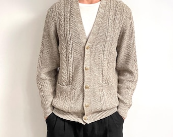 90er Jahre Vintage Herren-Strickjacke mit V-Ausschnitt in Beige-Brauner Wollmischung | Groß