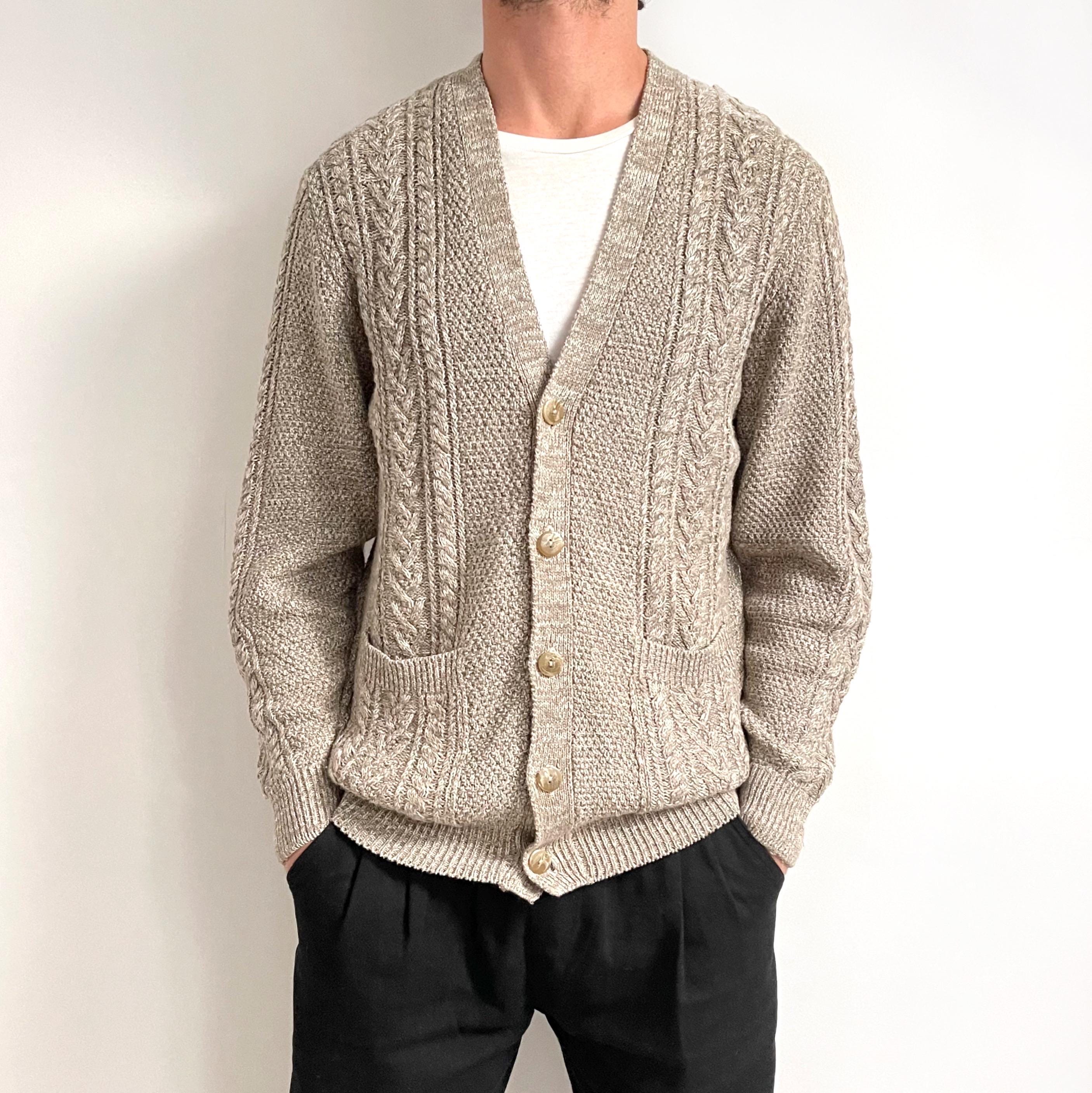 90s Vintage Men's V-neck Cardigan in Beige Brown Wool Blend