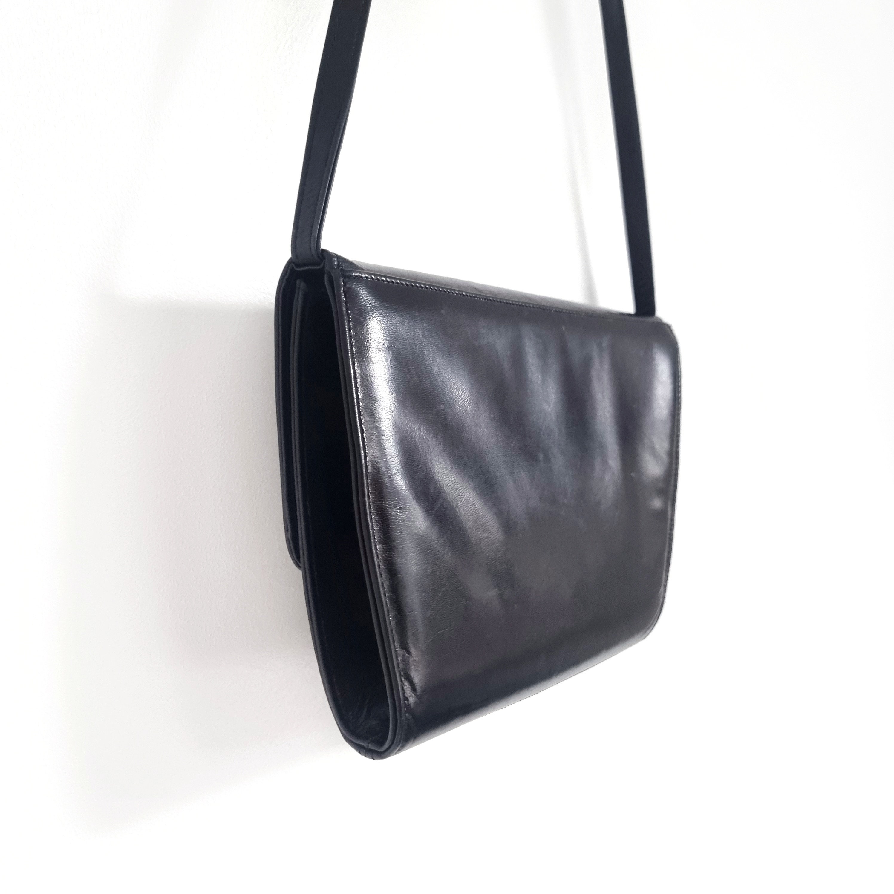 Vintage BALLY Black Leather Handbag W Long Strap | Monogram 