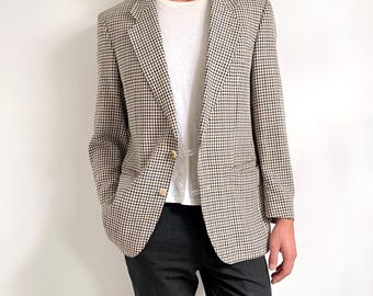 Blazer vintage de mezcla de lana y seda para hombre / Chaqueta elegante de cuadros marrón crema / Talla mediana / Fabricada en Alemania Occidental