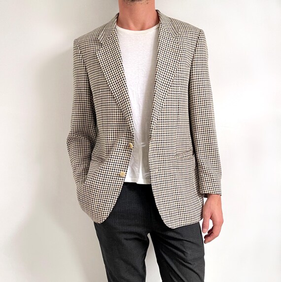 Vintage Wool Silk Blend Mens Blazer Cream Brown Check Smart Jacket Medium Made in West Germany Etsy