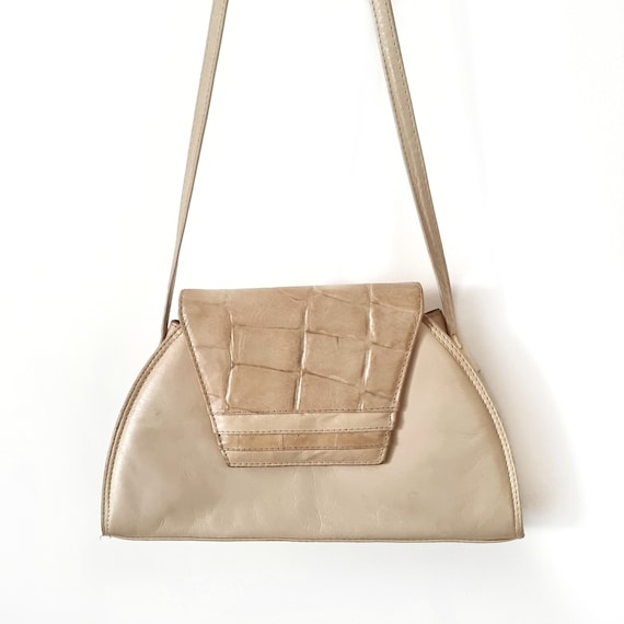 Vintage Cream Leather & Crocodile Pattern Handbag… - image 1
