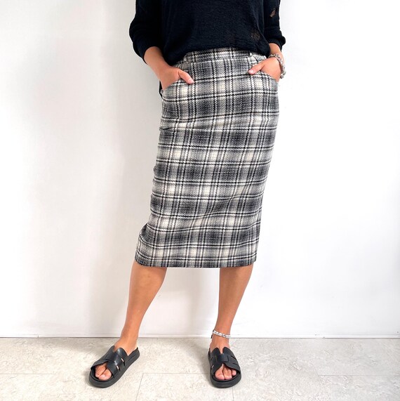 Vintage Jupe midi a carreaux noire grise et blanche avec poches Jupe crayon elegante en laine a carreaux Moyenne Etsy France
