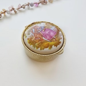 Vintage Fragonard Pill Box | Etched Round Gold Tiny Trinket / Snuff Box w Porcelain Lid