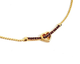 90’s Vintage Gold Heart Pendant Necklace | Skinny Gold Plated Chain With Purple Gemstones | Brand New