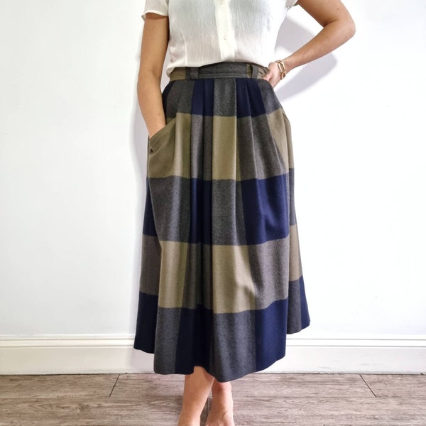 Vintage Plaid Wool Maxi Skirt // Navy Olive Check Full Long Skirt // Small - Medium // Made in W Germany