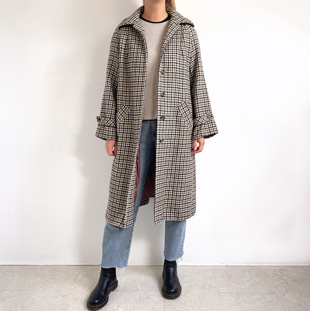 Vintage Ladies Beige Check Long Coat Irish Wool Aline Midi Coat Medium Etsy