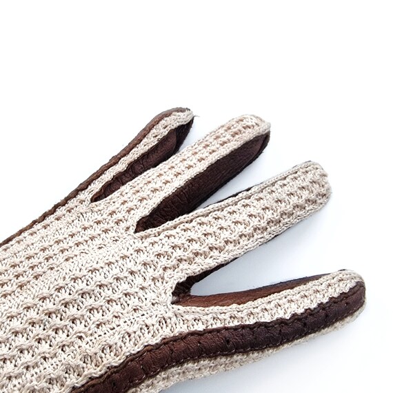 Vintage Cream Crochet & Brown Leather Gloves |  L… - image 3