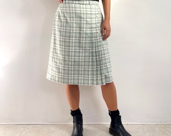 Jupe écossaise vert pastel et crème vintage Jupe portefeuille