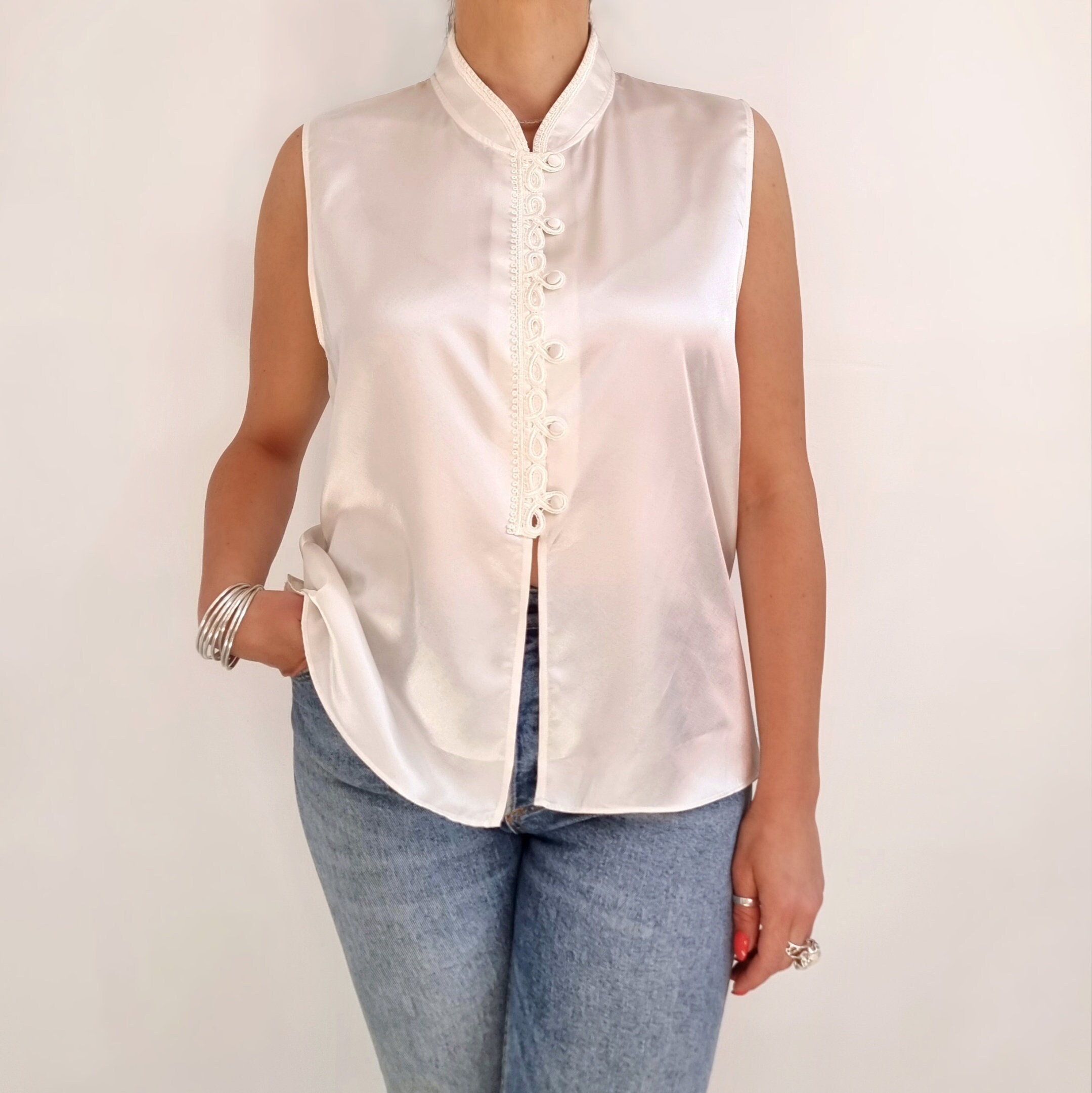 Vintage White Satin Oriental Blouse | Sleeveless Top w Frog Knot Buttons | Large | Made in UK