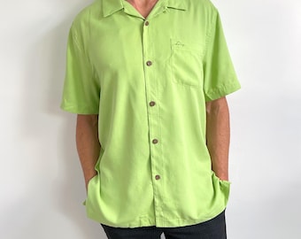 Koszula męska Vintage Tommy Bahama w kolorze limonkowo-zielonym z jedwabiu | Koszula letnia z krótkim rękawem | Duża