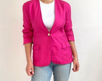 vintage Blazer en soie rose vif Anne Klein | Veste élégante brillante pour femmes | Moyenne