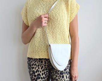 Vintage White Leather Crossbody Bag | Half-Moon Flap Shoulder Purse | Clutch | Made in England