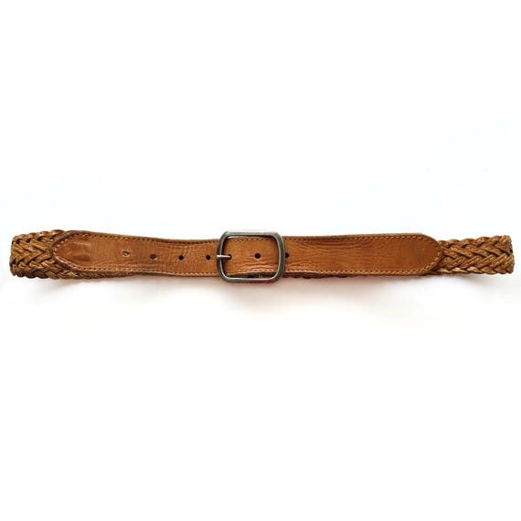 Vintage Tan Brown Woven Leathet Belt W Antique Silver Buckle  display picture 1