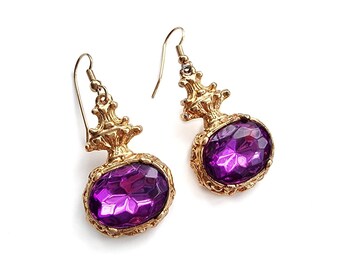 Vintage Gold & Purple Gemstone Drop Earrings | Fancy Jewel, Statement Dangle Earrings | Brand NEW