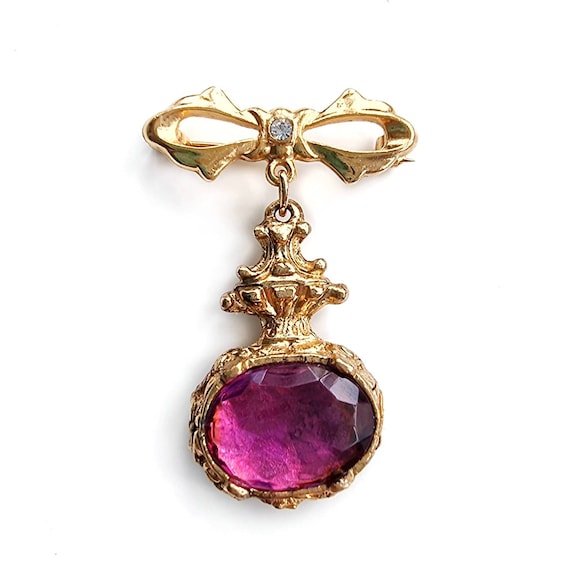 80's Diamante Gemstone Bow Drop Brooch | Antique … - image 4