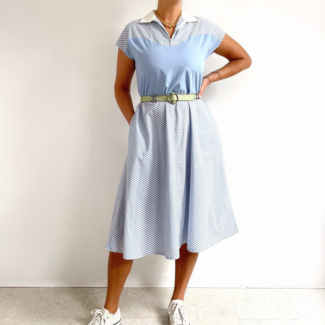 Robe Vintage Rayée Bleu Nautique Gris - Taille 12 - Style Années 80 - Longueur Midi - Occasion Très Bon état