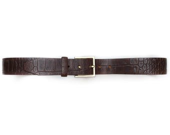 Vintage Dark Brown Crocodile Embossed Belt With Gold Buckle | Unisex Leather Belt | Medium