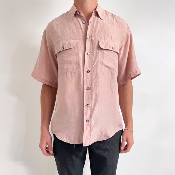 Vintage Men's Pastel Pink Silk Shirt 80's Short Sleeve Summer