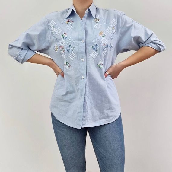 9 Impression Women Blue Embroidered Denim Collared Shirt Style Top