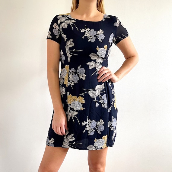 Vintage Dark Floral Mini Dress by Laura Ashley // Navy Summer Dress //  Medium - Etsy