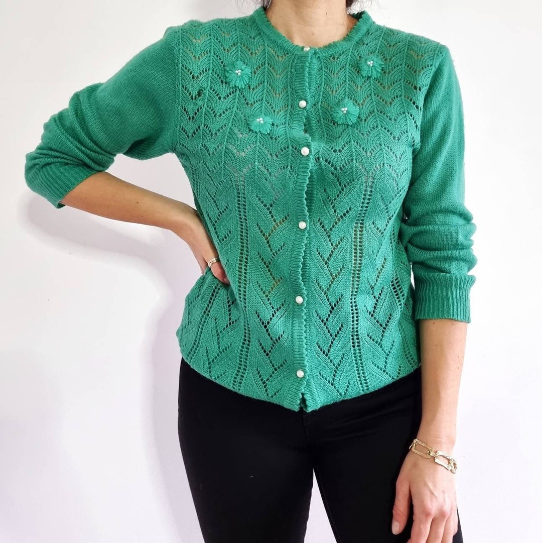 Vintage Embellished Green Cardigan With Pearl Beads Etsy